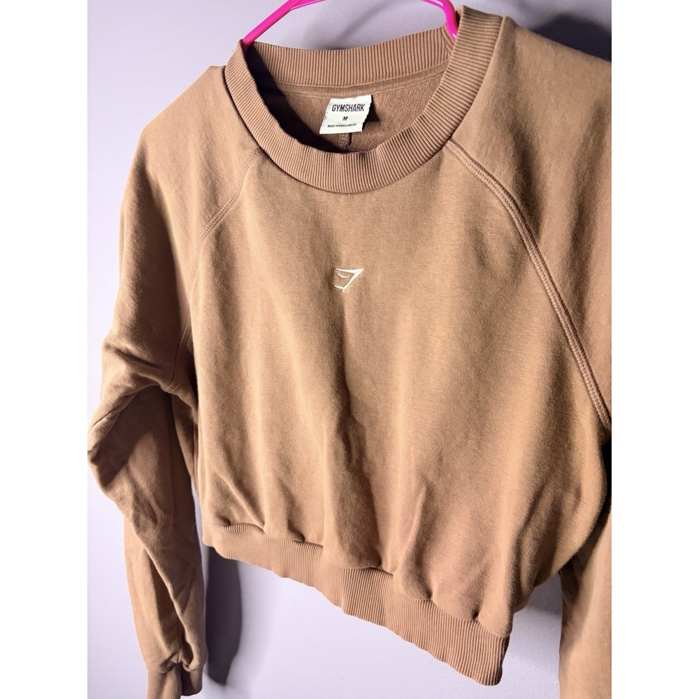 Gymshark‎ Cropped Sweatshirt Women M Brown Pullover Crew Neck Logo Athletic Gym - Picture 2 of 6